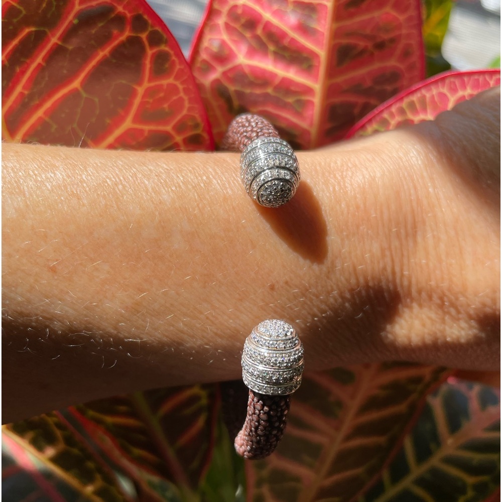 Micro pave beehive stingray white plated cuff bangle